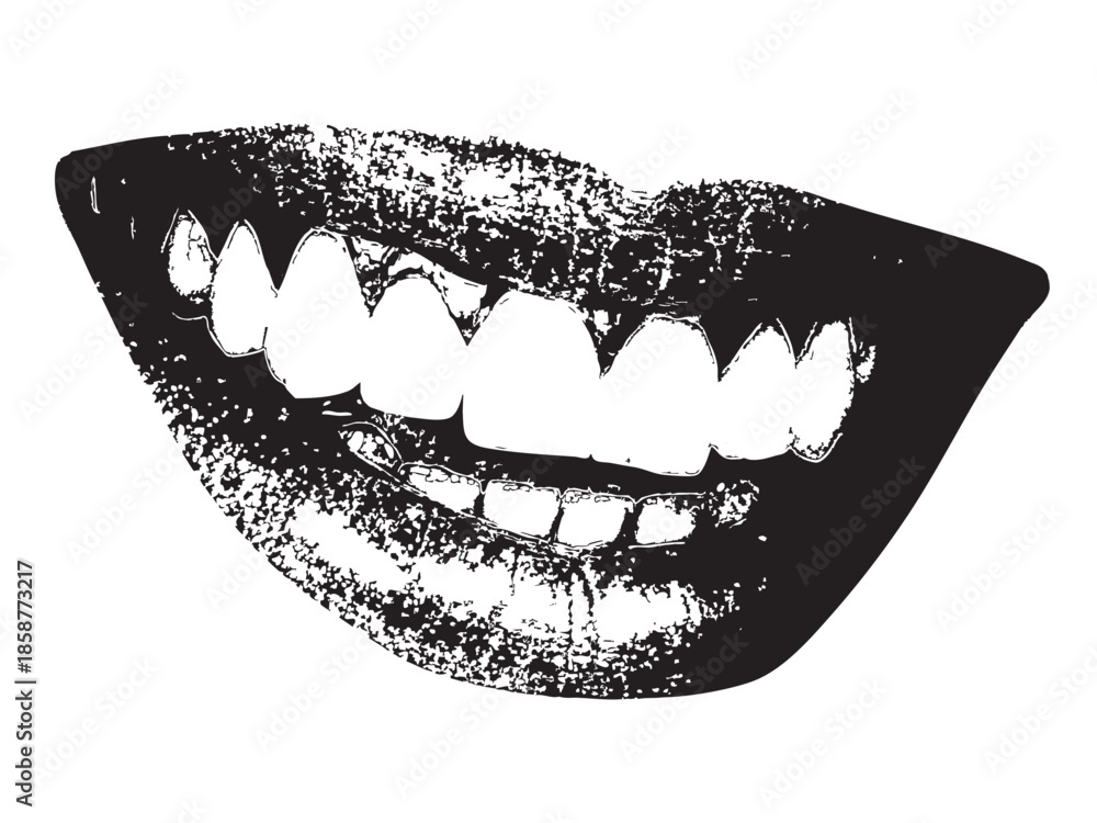 Naklejka premium Black and white vector illustration of a smiling mouth with teeth and lips