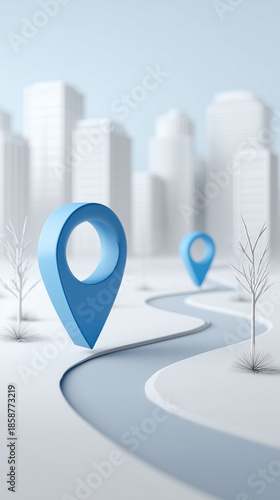 Blue pins on a city streets against the abstract background of white cityscape indicating city routes and destinations. Concept of logistics, connection, navigation and travel.