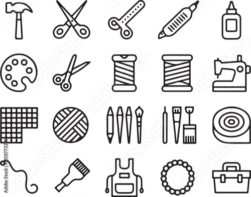 Line art icons of various craft tools hobby supplies and handmade equipment vector set featuring sewing knitting painting and do it yourself accessories