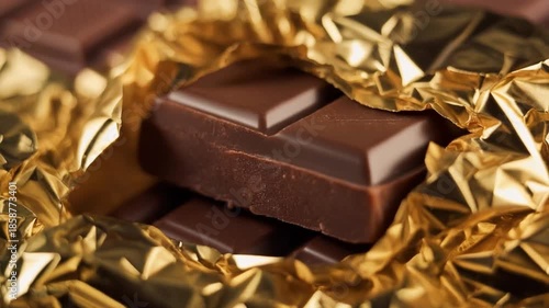 Luxury chocolate truffle unwrapping slowly from golden foil, 4K macro detail with crisp reflective textures.