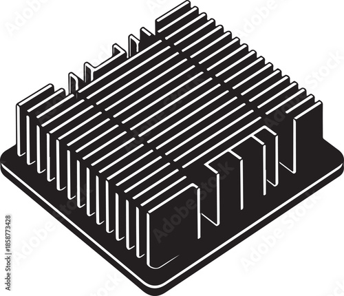 Electronic component heat sink isometric view black vector cooling fin module for computer hardware and thermal management power
