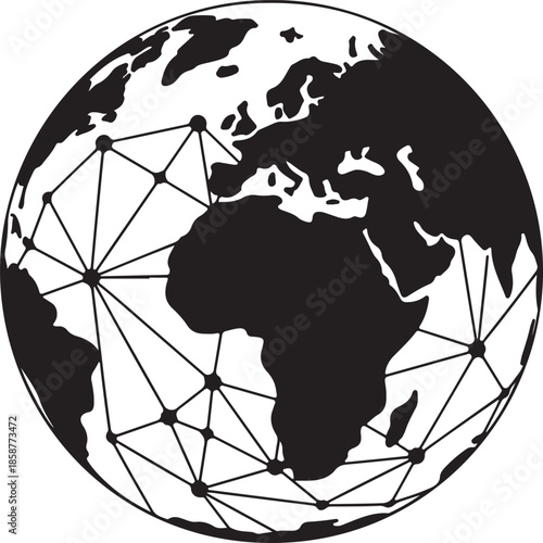 Global network earth globe silhouette with digital connection lines and nodes for international communication and internet data