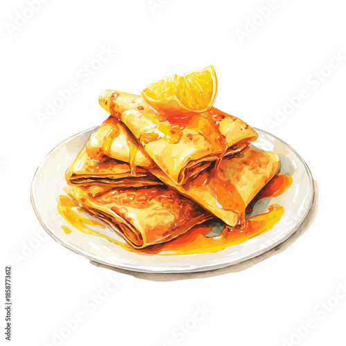 Isometric watercolor rendering of Crepes Suzette, isolated on a clean white background.