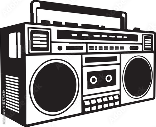 Portable boombox stereo cassette player with handle and speakers on transparent background perspective