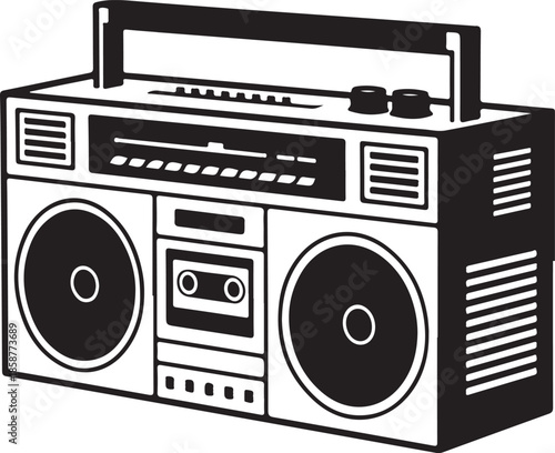 Retro portable boombox stereo cassette player with handle and speakers on transparent background