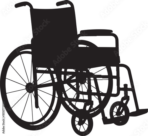 Silhouette of standard manual folding wheelchair with large rear wheels isolated on transparent background for mobility help