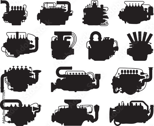 Collection of various internal combustion engine silhouettes isolated on transparent background for automotive illustration
