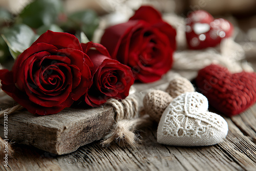 Red roses and heart shape ornaments