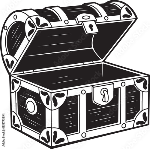 Vintage wooden treasure chest with open lid showing empty interior and metal reinforcement details in outline style