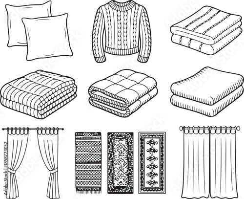 Set of cozy home textile products including pillows, blankets, sweaters, curtains, and rugs on transparent background