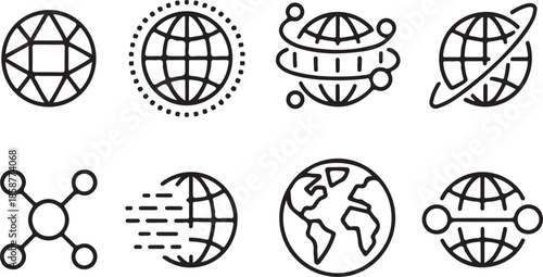 Set of globe icons representing global communication, network, internet, and worldwide connection on transparent background