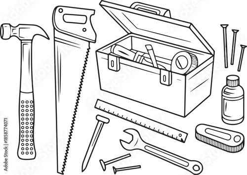 Set of various hand tools for construction and repair including hammer, saw, toolbox, nails, and wrench
