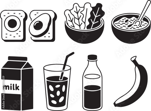 healthy breakfast and drink items including toast avocado salad cereal milk juice bottle and banana