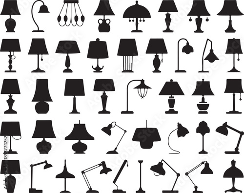 Collection of various indoor lighting fixtures silhouette icons showcasing different styles of table lamps floor lamps and chandeliers isolated vector illustration