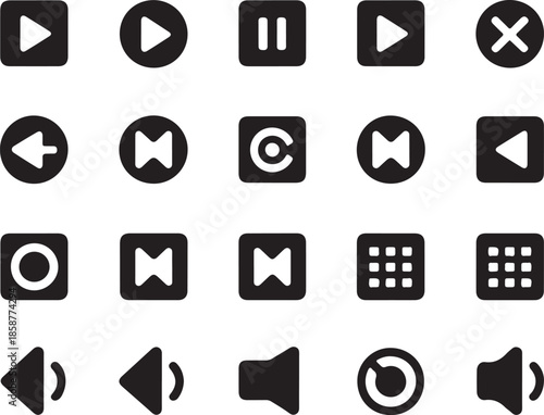 Collection of flat media player control icons including play pause skip volume and navigation buttons for application user interface elements