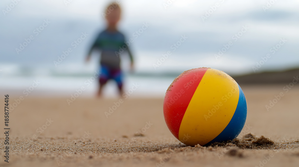Obraz premium A vibrant beach ball rests on the sandy shore, its red, yellow, and blue segments catching the light. In the background, a child plays near the water's edge, creating a scene of joy.
