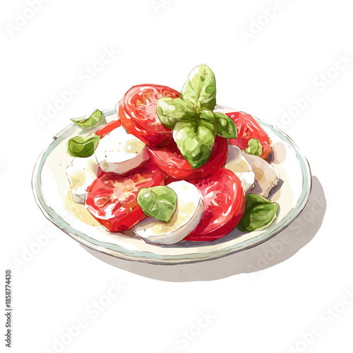 Isometric watercolor graphic of Caprese Salad, neatly isolated on white background.