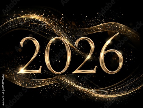 2026 Happy New Year Gold Glitter Numbers on Black Background