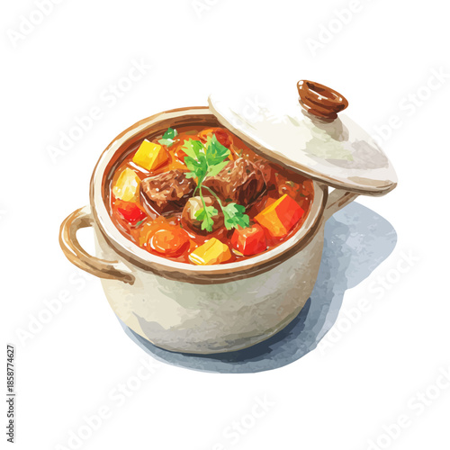 Isometric watercolor graphic of Beef Stew, neatly isolated on white background.