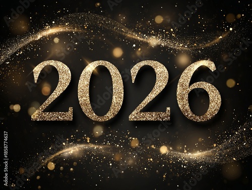 2026 Happy New Year Gold Glitter Numbers on Black Background