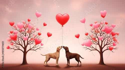 Romantic horses and heart shaped balloons in a dreamy landscape