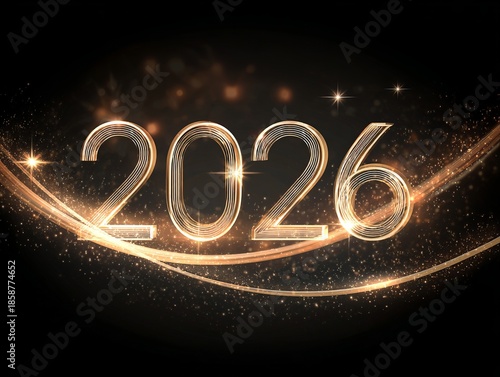 2026 Happy New Year Gold Glitter Numbers on Black Background