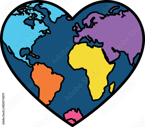 Colorful Heart Shaped World Map.