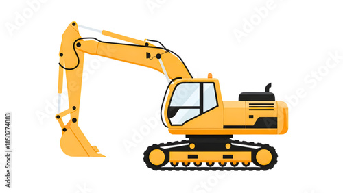 Flat vector illustration of a yellow excavator construction vehicle