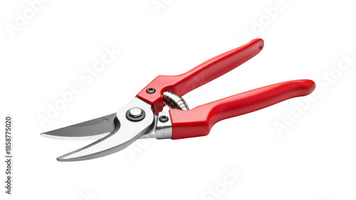 Red handled pruning shears with metal blades isolated on transparent background