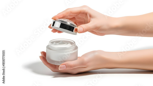 Creamy Skincare Ritual: A person delicately opens a jar of rich, smooth cream, symbolizing the start of a refreshing skincare routine and self-care.