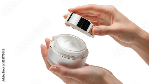 Beauty Ritual: Delicate hands gently unveil a jar of luxurious skincare cream, emphasizing the importance of daily self-care and beauty treatments. 