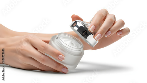 Beauty Ritual: A delicate hand tenderly reveals the luxurious cream within a pristine jar, a moment of self-care and skincare.