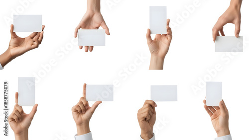 Card Presentation Montage: A collection of diverse hands displaying blank business cards, symbolizing communication, and marketing potential. Showcasing versatility and options.