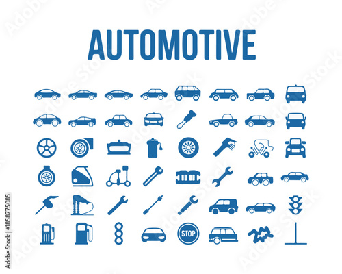 Automotive service icons featuring car silhouette vehicle maintenance parts repair tools traffic signals and transport symbols