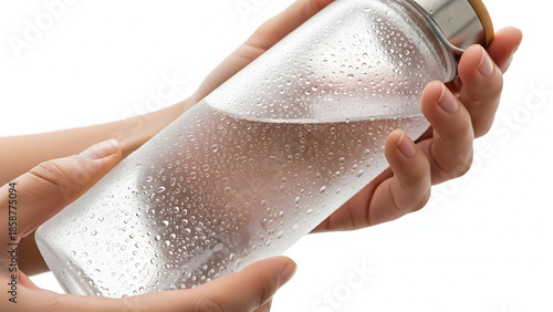 Hydration in Hand: A refreshing image of a clear water bottle, held by a pair of hands. The bottle is filled with pure water, ready for a revitalizing drink.