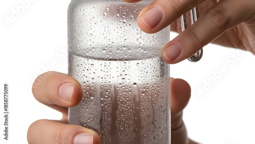 A Refreshing Oasis: A close-up view of a person's hands holding a glass bottle filled with clear water, the glass surface adorned with delicate droplets, epitomizing purity and freshness. 