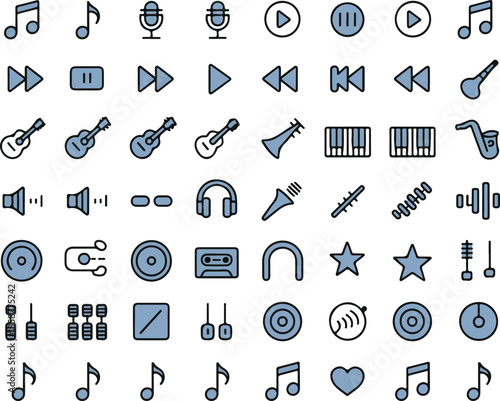 Music audio icons collection with instruments notes players headphones microphones and speakers for sound recording studio app