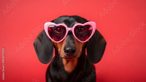 Playful dachshund wearing heart shaped sunglasses