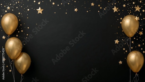Gold Balloons and Stars Decorate a Black Background for a Celebration or Party Event
