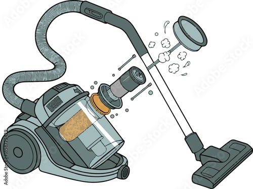 Vacuum cleaner technical breakdown showing internal filter system and hose assembly for appliance maintenance and cleaning concept