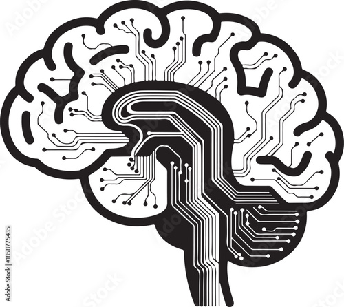 Human brain circuit board concept representing artificial intelligence and cognitive technology on transparent grid background
