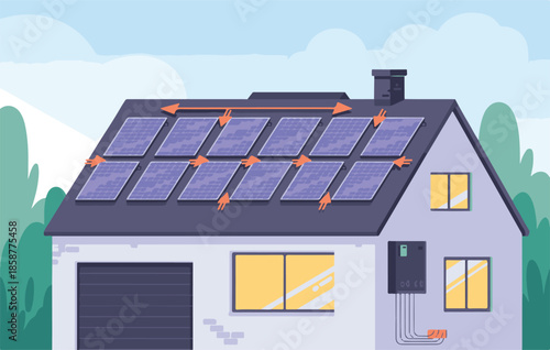 Modern house with solar panels on roof showing renewable energy flow with arrows for sustainable living and green power concept