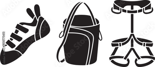 Climbing gear set including shoe chalk bag and harness for outdoor adventure and extreme sports safety and preparedness