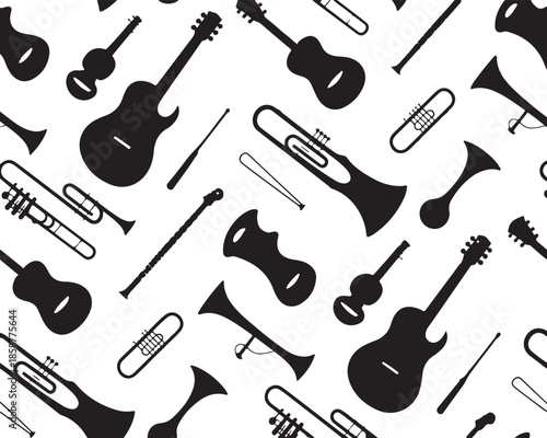 Seamless pattern of musical instruments including guitars trumpets and flutes for creative backgrounds and artistic themes