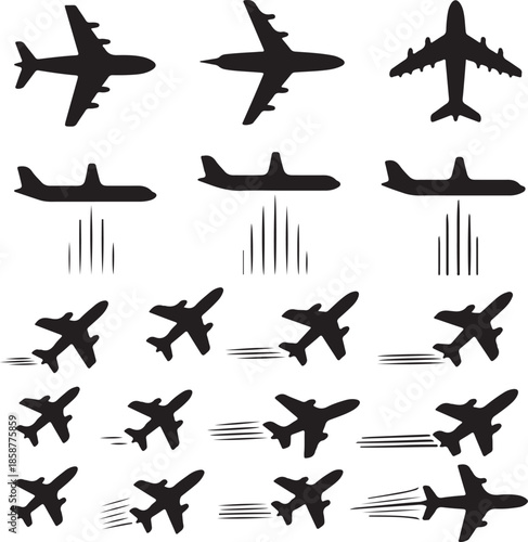 Collection of airplane and jet silhouettes in various flight positions and speeds for aviation graphics and travel illustrations