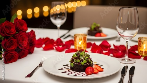 Romantic dinner setup with chocolate dessert and red roses