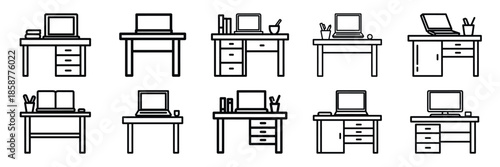 Collection of study desk Editable stroke icon set.