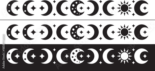 Mystical moon and sun phase border set celestial astronomical patterns crescent cycle sequence occult spiritual astrology art