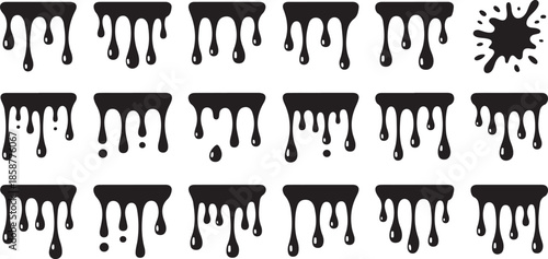 Black paint dripping set of various shapes, liquid stains and smudges, melt chocolate drops, current syrup, abstract ink splashes