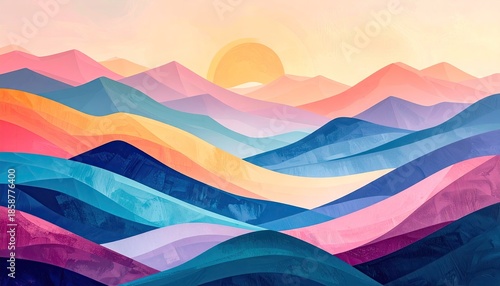 Pixelated Mountain Range Under A Hazy Sunrise With Layers Of Pink Blue Yellow And Purple Hues